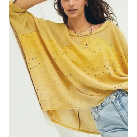 Free people - Palm Tree Dreams Tee Eyelet Oversized Yellow Gauzy Tunic - Small - Picture 1 of 12